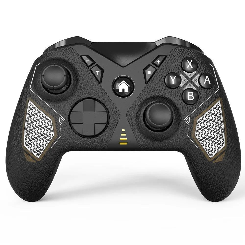Black wireless game controller with ergonomic handles and leather-like texture, shown with Type-C cable
