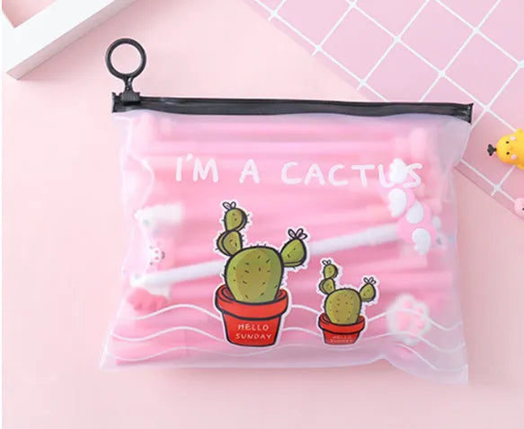 Marvel cactus cartoon design plastic pen case open to show twenty black gel pens with 0.5mm tips.