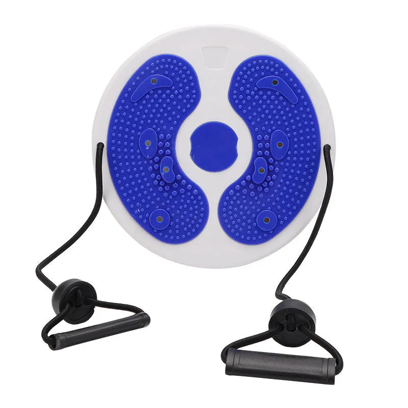 Blue twisting abdominal disc with rope on flat floor for home waist exercise and body shaping
