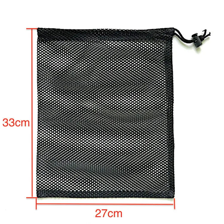 Black mesh drawstring storage bag for children's water balloon toys, shown with drawstring pulled closed.