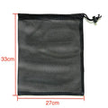 Black mesh drawstring storage bag for children's water balloon toys, shown with drawstring pulled closed.