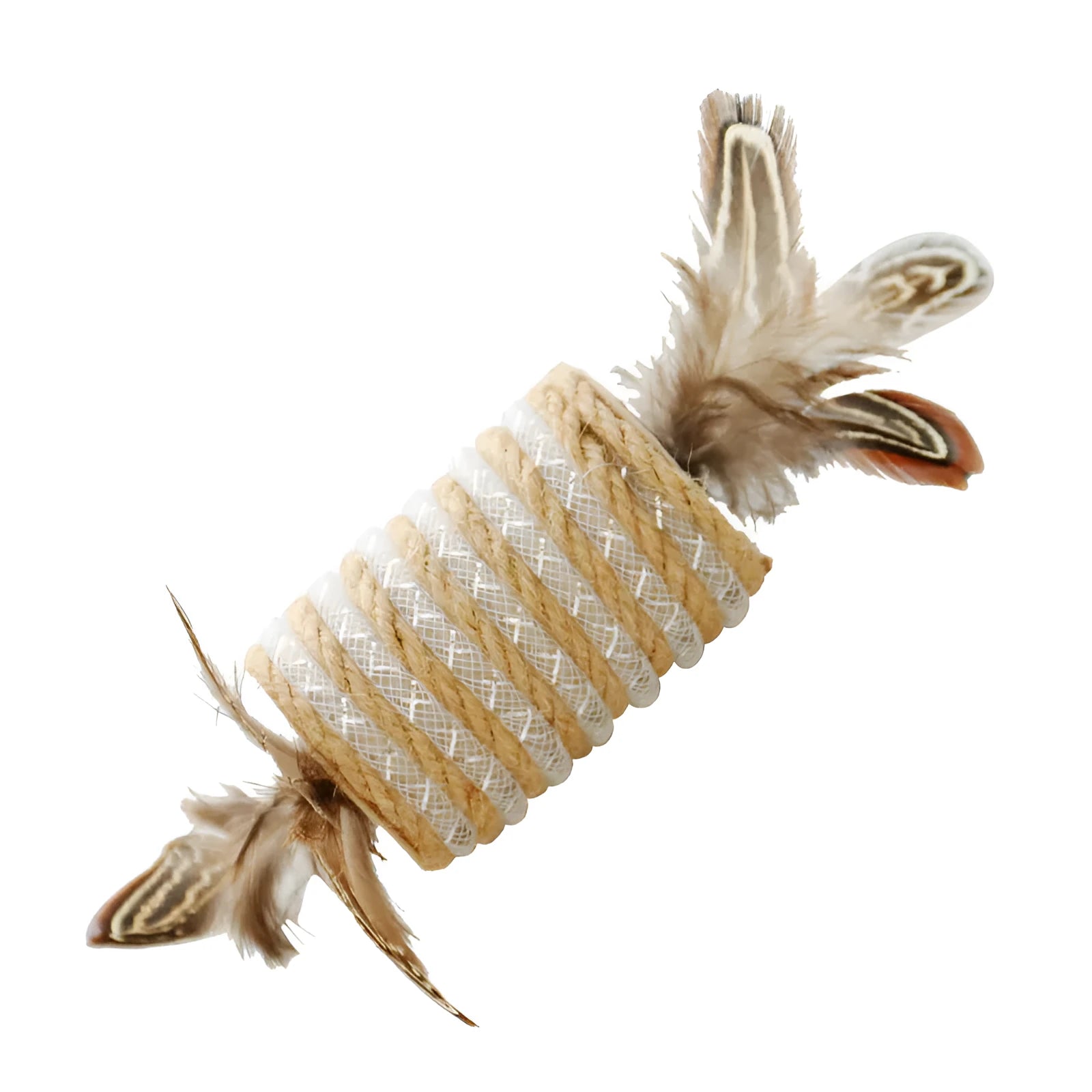 Beige cat toy with real feathers attached to hemp rope scratching surface and integrated claw roller