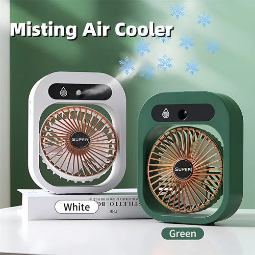 Green and white USB portable misting fan air cooler humidifier on a desk