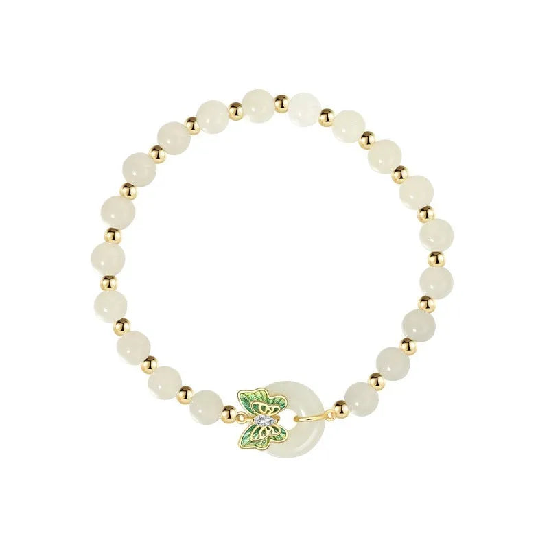 Cyan Hetian jade bracelet with sterling silver butterfly inlay, 6mm diameter