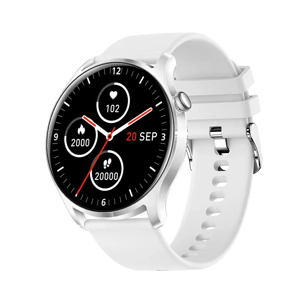 Smart watch with colour screen displaying heart rate and blood pressure metrics on silicone wristband