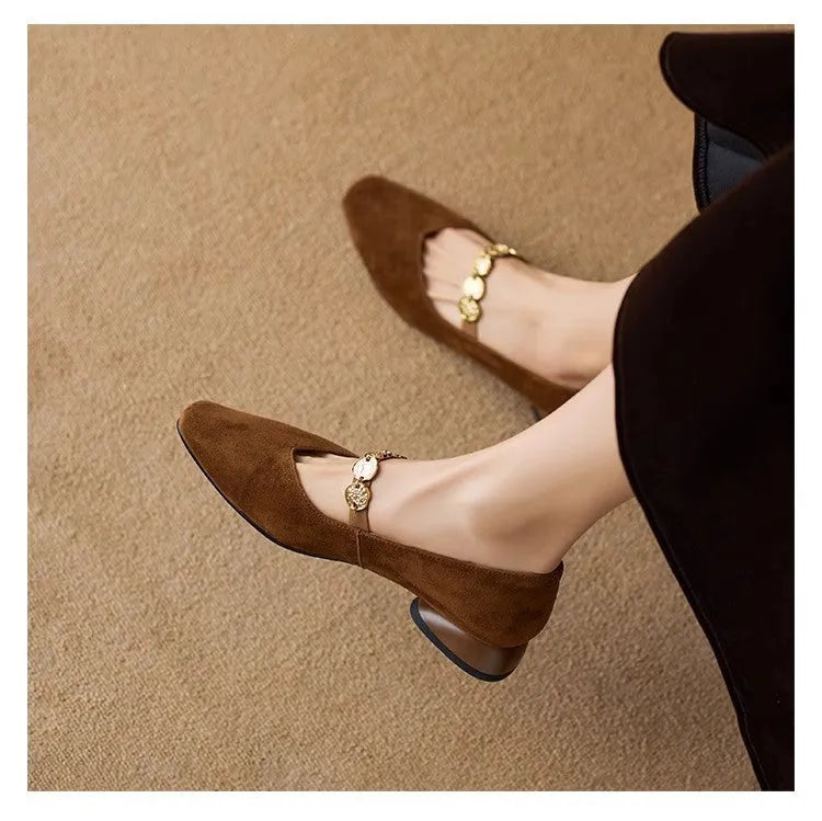 French retro square toe low-cut suede pumps for women in black, low top with rubber sole