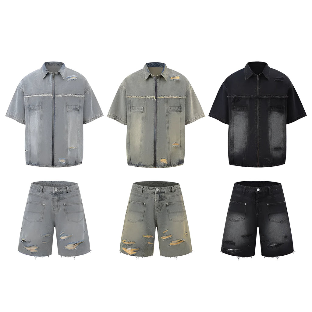 Denim overall suit with matching short sleeve top and trousers in streetwear style