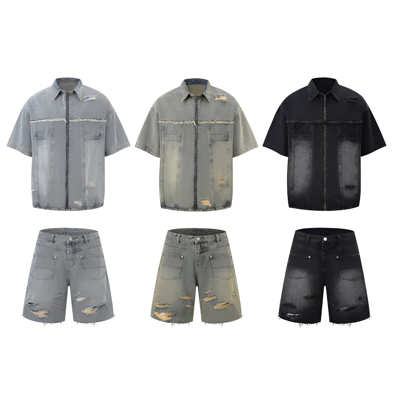 Denim overall suit with matching short sleeve top and trousers in streetwear style