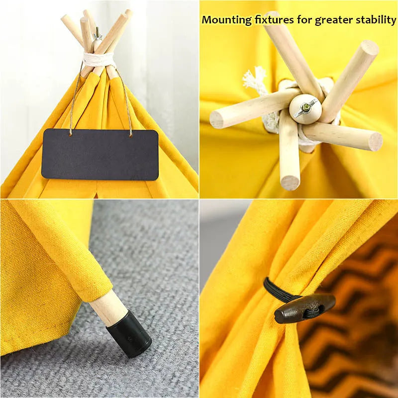 Striped pet teepee tent bed for small dogs or cats with removable cushion in yellow colour