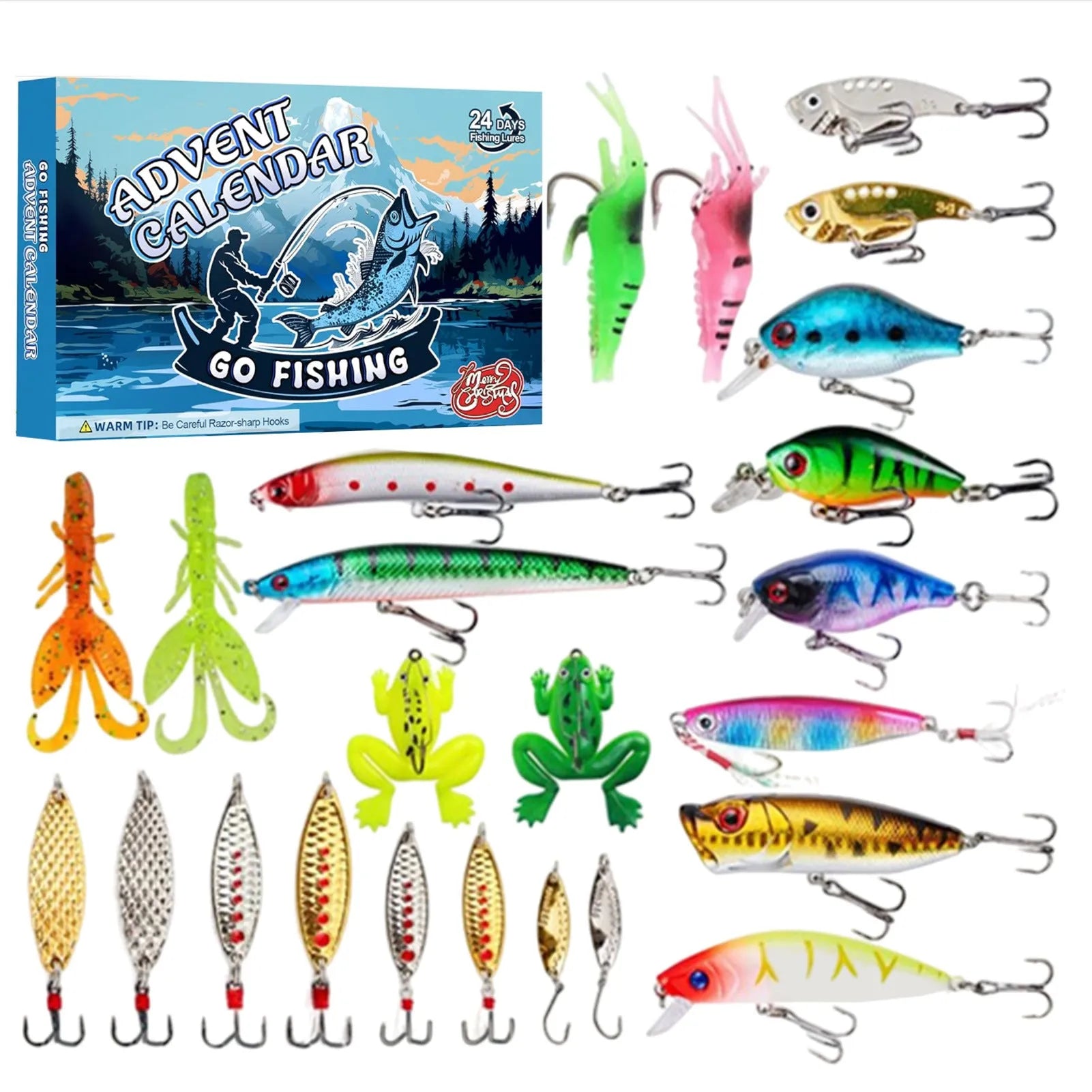 Christmas advent calendar fishing gear set in 14x9x1.5 inch decorative holiday gift box