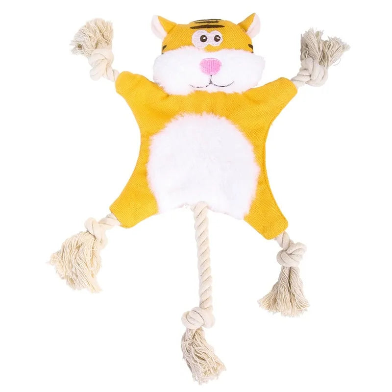 Plush squeaky dog toy set with fox, squirrel, monkey, and other animal shapes on a light background