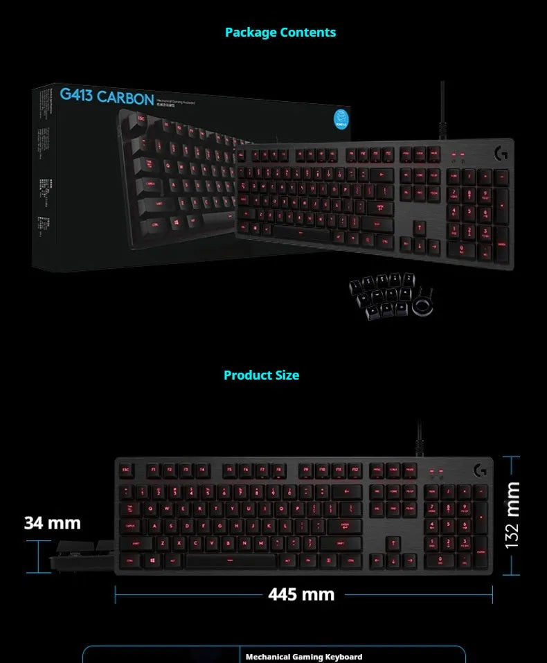G413 104-key mechanical keyboard with metal panel and backlight, USB wired, in black red light or silver white light