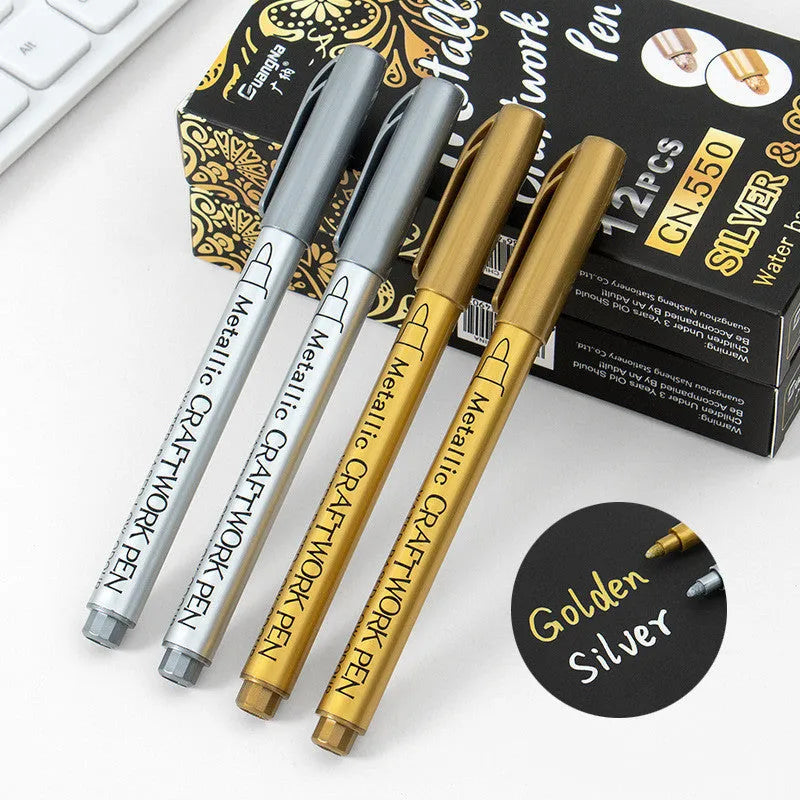 Metal paint pen with plastic shell, 14cm length, 9.6g weight, gold or silver ink refill, carton packaging