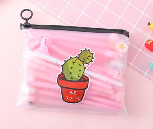 Marvel cactus cartoon design plastic pen case open to show twenty black gel pens with 0.5mm tips.