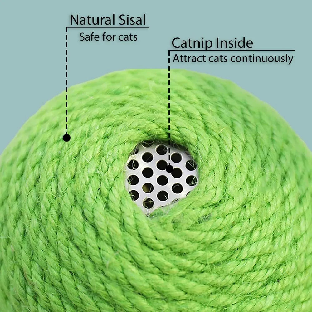 Green cactus-shaped cat scratcher tower with integrated tumbler ball and natural sisal scratching surfaces