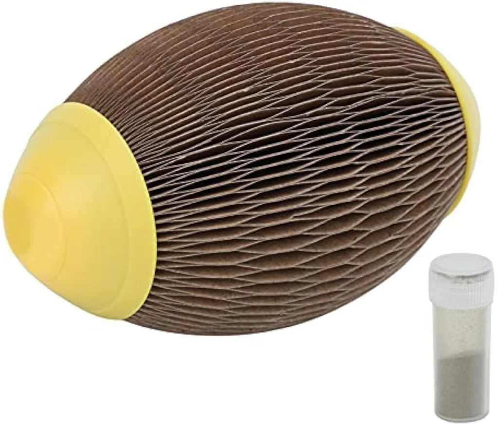 Ellipse shaped corrugated paper catnip ball scratch toy measuring 65mm by 108mm