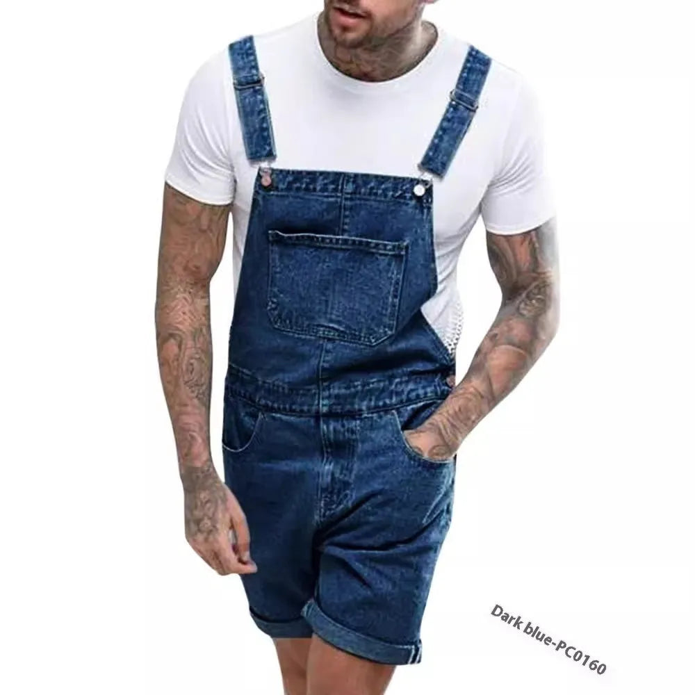 Men's grey denim suspender pants with a zip fly and straight-leg cut on a hanger.
