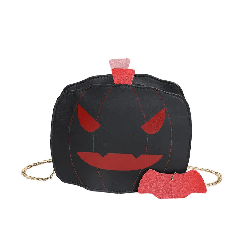 Halloween cartoon pumpkin shoulder bag for girls in colour options with chain crossbody strap on white background