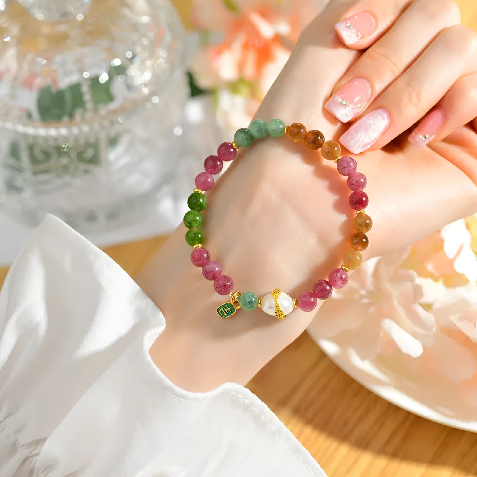 Geometric chalcedony bead bracelet with adjustable string closure in tourmaline colour