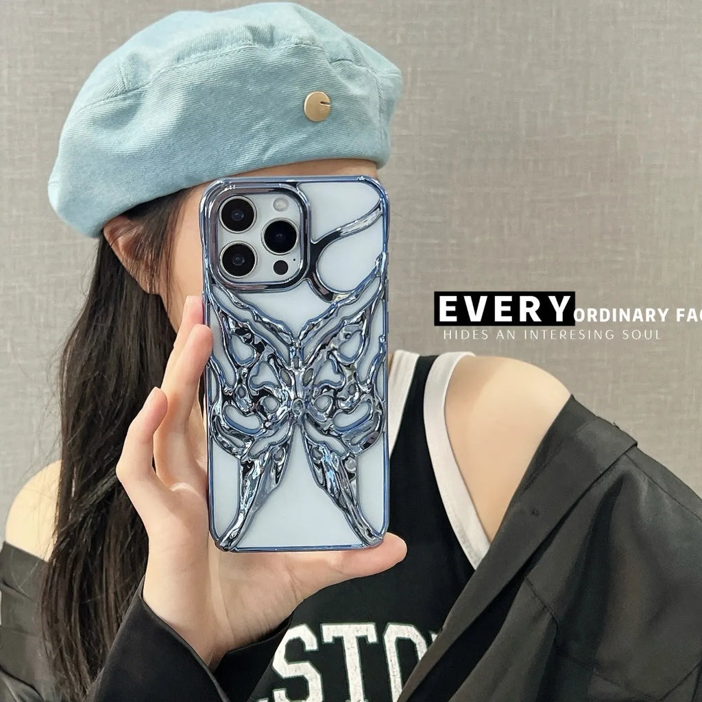 Apple iPhone 16 Pro TPU phone case with electroplated hollow 3D butterfly design in silver, showing full coverage fit