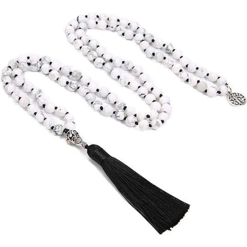 Handmade natural stone beaded necklace with 108 8mm beads showing geometric shape and 81cm length