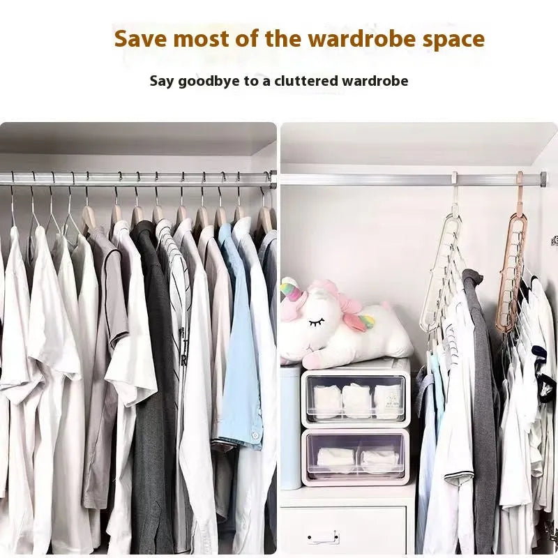 Green nine-hole plastic folding hanger with trousers organised vertically