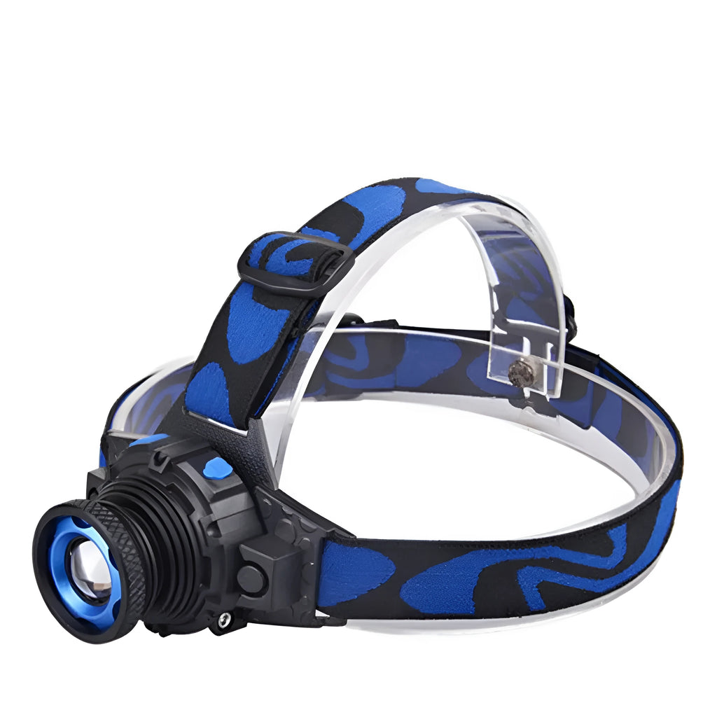 Blue rechargeable LED headlamp with aluminium alloy body and focusing head, head-mounted design for outdoor use