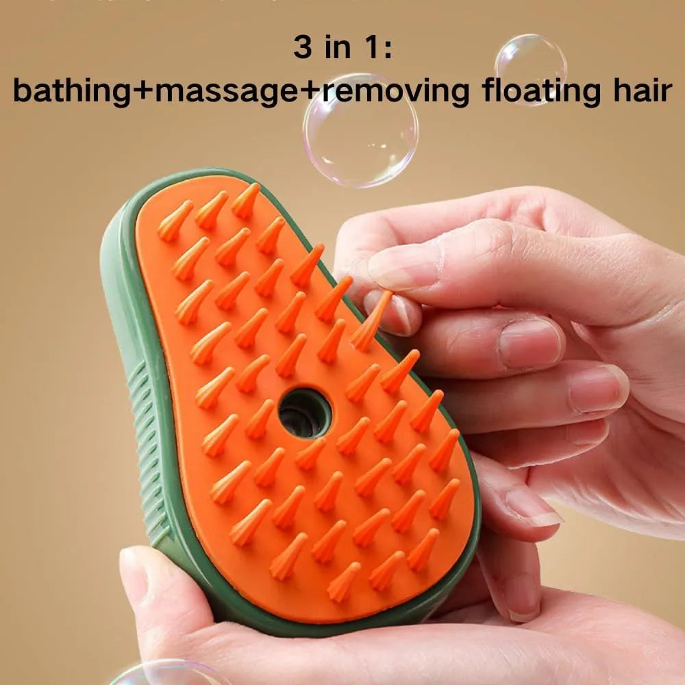 Green and white rechargeable cat steam brush with silicone teeth and water spray nozzle.