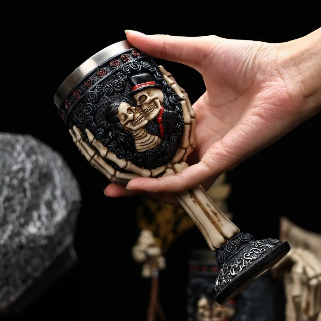 Skull-themed stainless steel wine glass with skeleton design and 200ml capacity