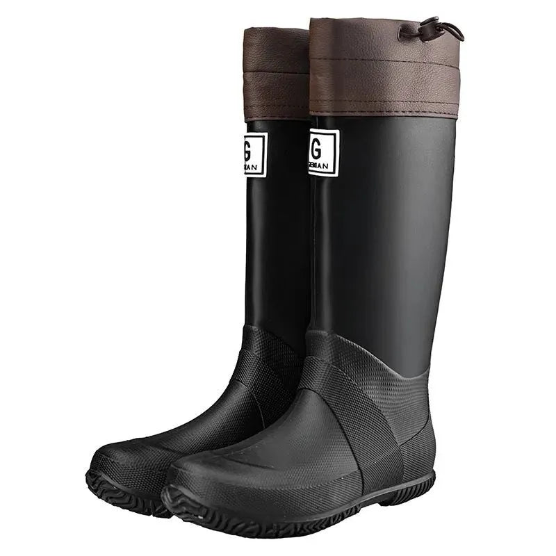 Pair of non-slip rain boots with plastic upper, leather stitching, flat heel and round toe, sizes 36-44