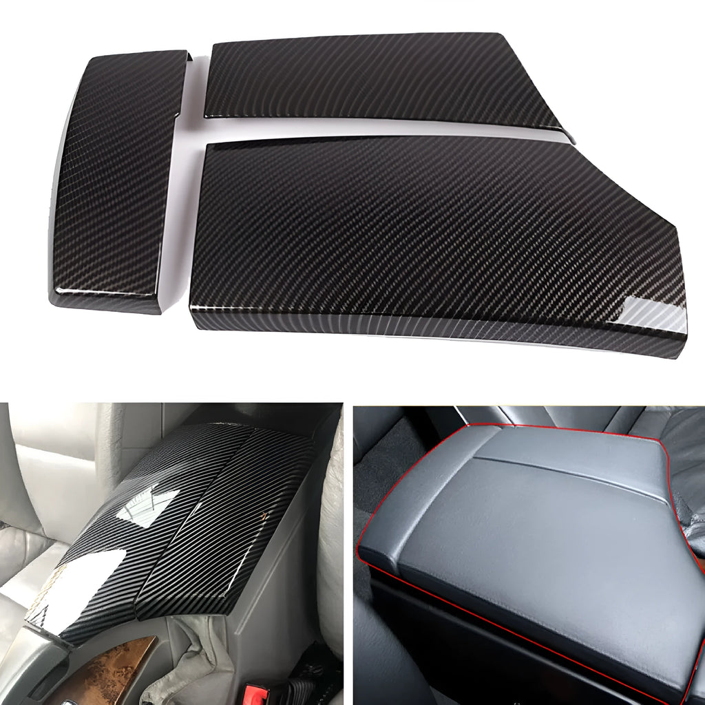 Three ABS carbon fibre pattern armrest box protective covers showing diagonal weave texture