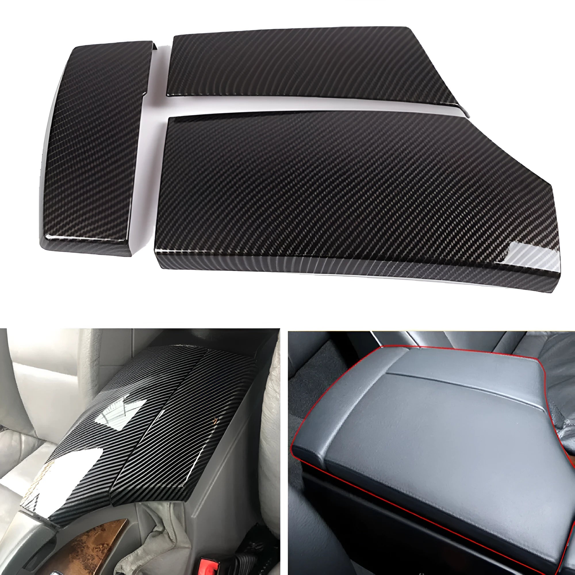 Three ABS carbon fibre pattern armrest box protective covers showing diagonal weave texture