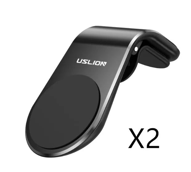 Car phone bracket mounted on vehicle air vent in silver finish showing rotation adjustment