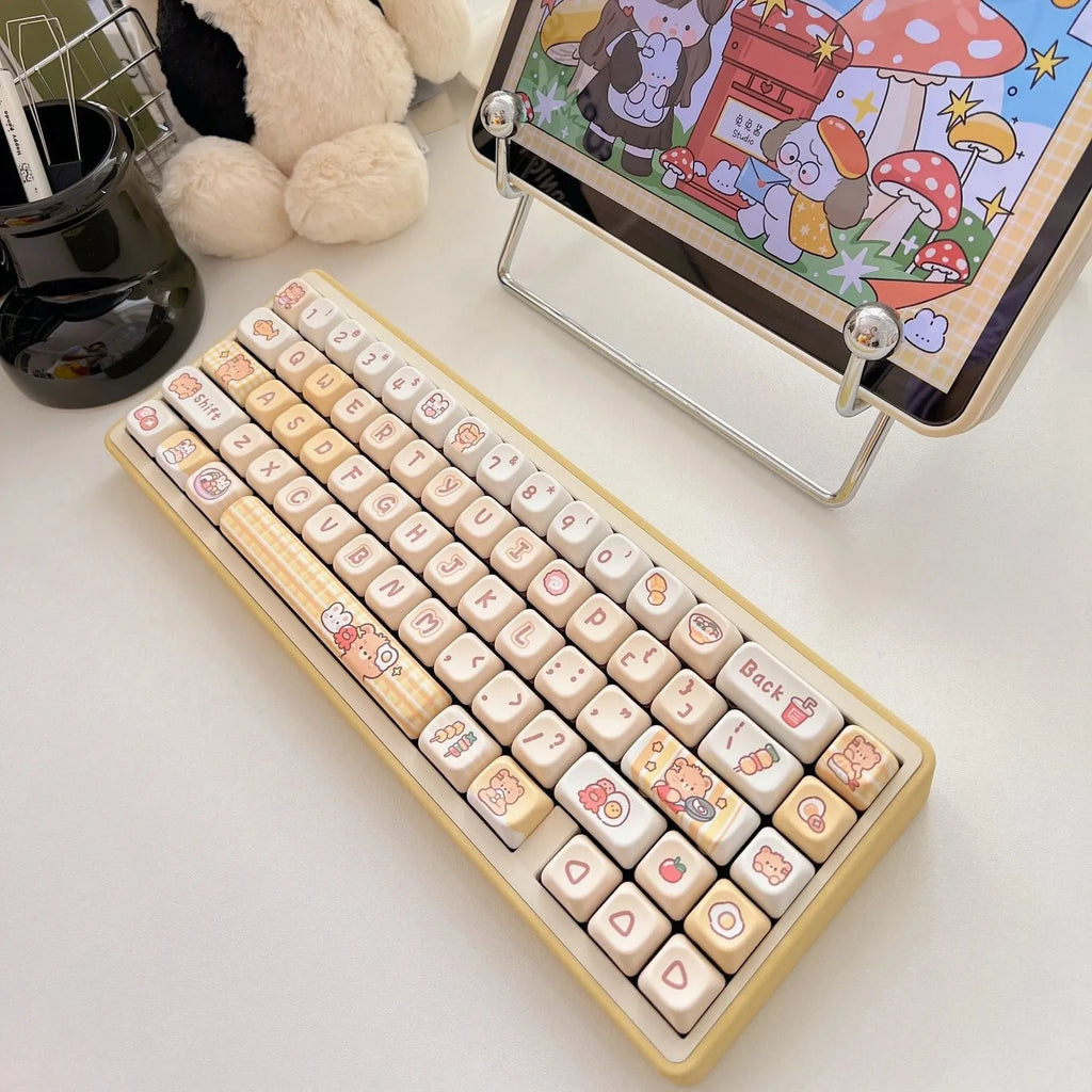 Rabbit Bear Restaurant cartoon themed PBT keycap set in EOA height profile, 140 pieces.