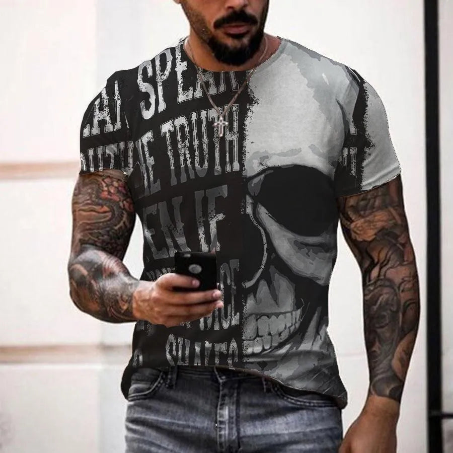 Men's short sleeve T-shirt with 3D skull full-body print, polyester milk silk, round neck, sizes S to 6XL