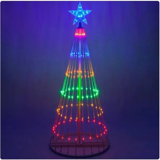 Multi-colour LED animated outdoor Christmas tree lights wrapped around a garden tree branch.