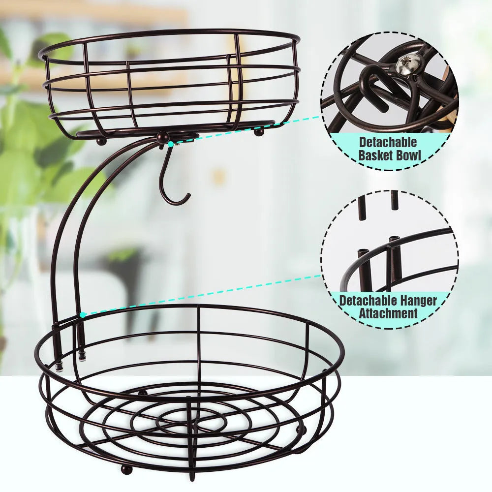 Black and gold double-layer wrought iron fruit storage basket with two tiers.