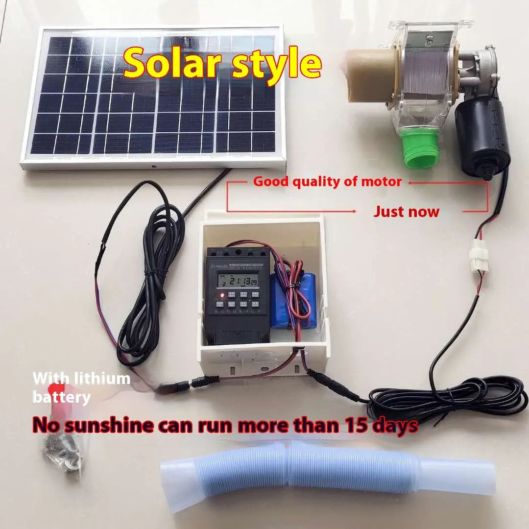 Solar panel automatic animal feeding machine with timer for chickens and ducks.