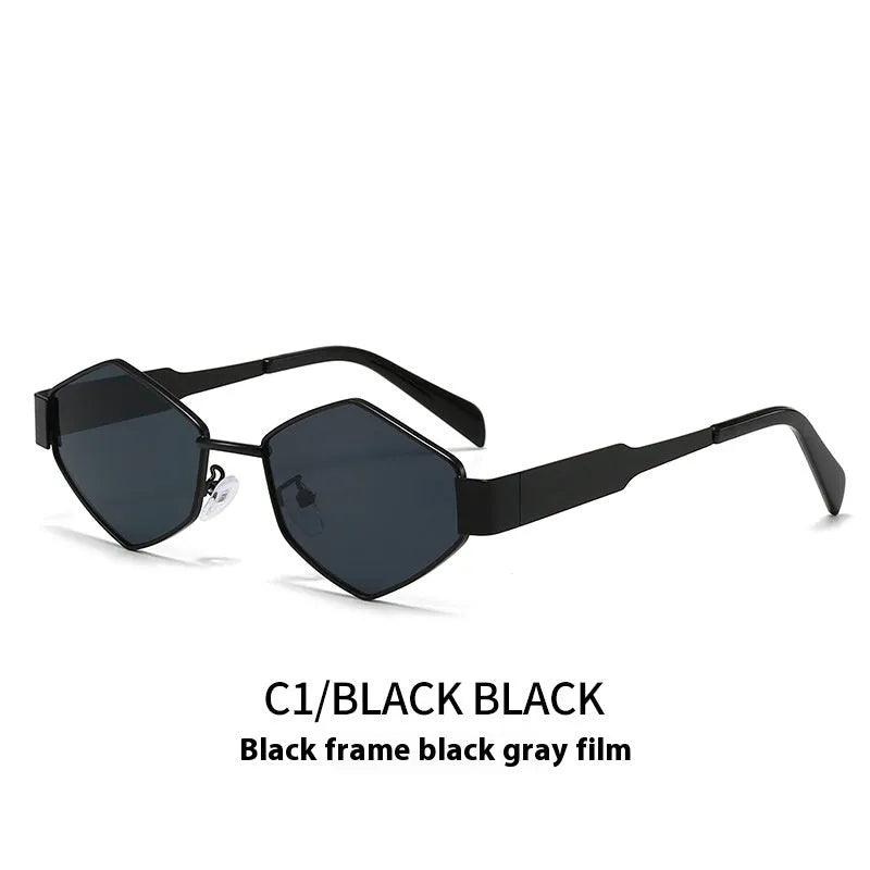 Cool polygon rhombus metal sunglasses with hexagon style, black frame and black grey lens