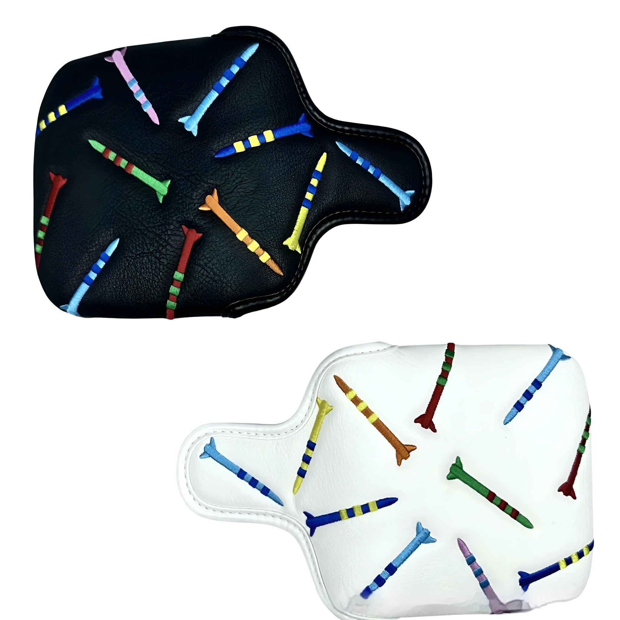 Square golf putter protective sleeve with Rocket Pattern design in PU leather, shown in black and white.