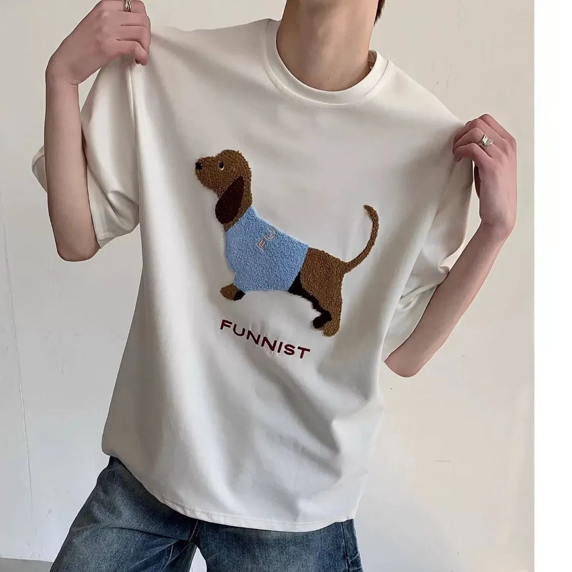 Men's grey cotton t-shirt with embroidered sausage dog design on chest, short sleeves, round neck