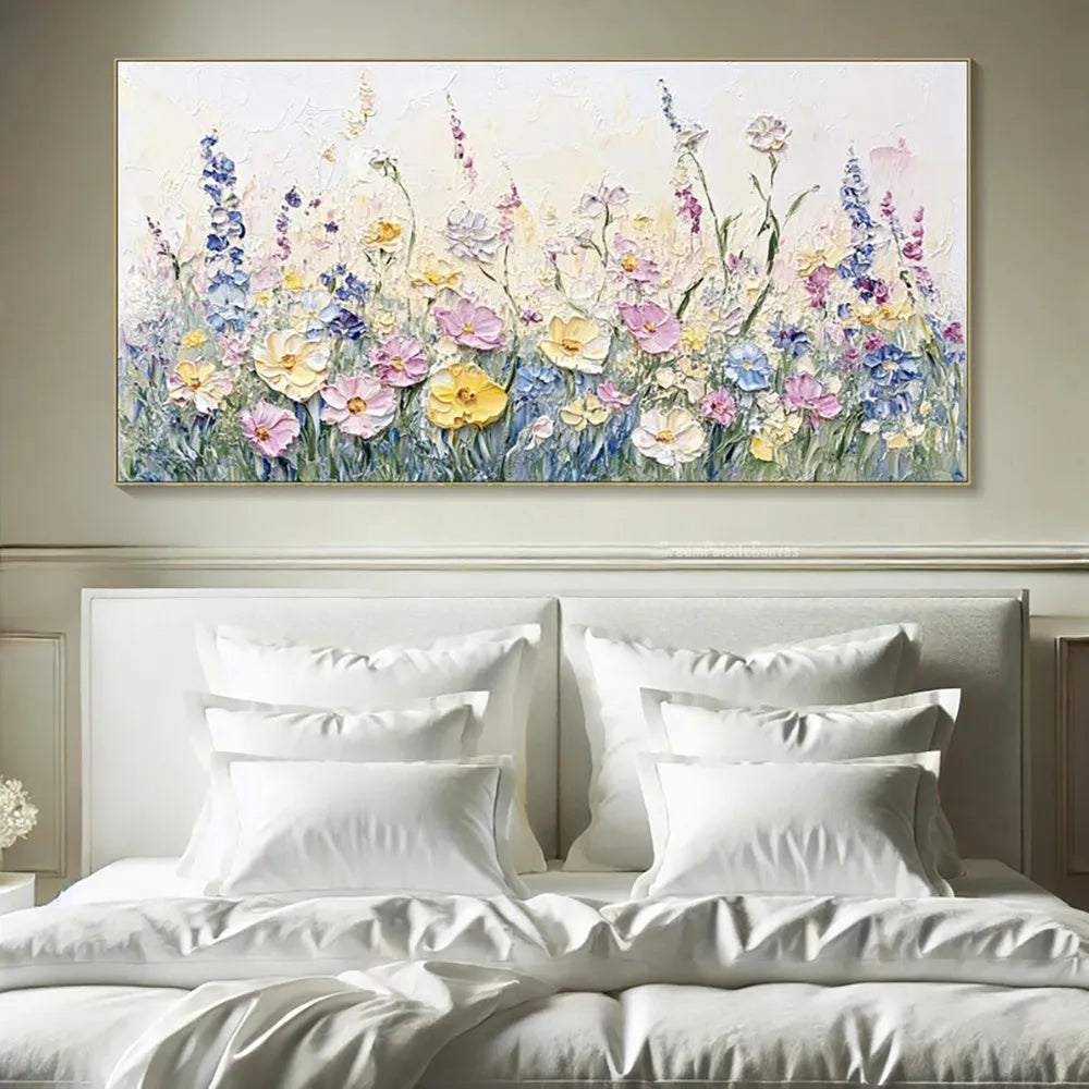 Handmade oil painting canvas wall art with 3D palette knife flowers in modern style, horizontal orientation, frameless and rolled