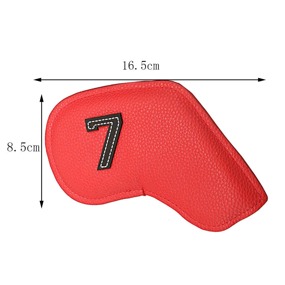 Set of 10 digitally printed PU leather golf club head covers in assorted colours.