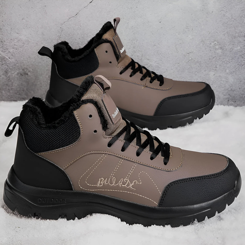 Men's black fleece-lined casual sports shoes with artificial leather upper and rubber sole