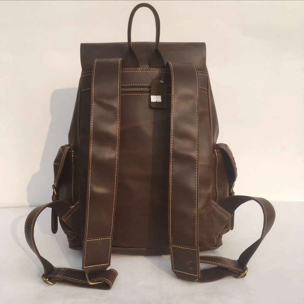Brown men's genuine leather backpack with air pillow belt system and first layer cowhide construction