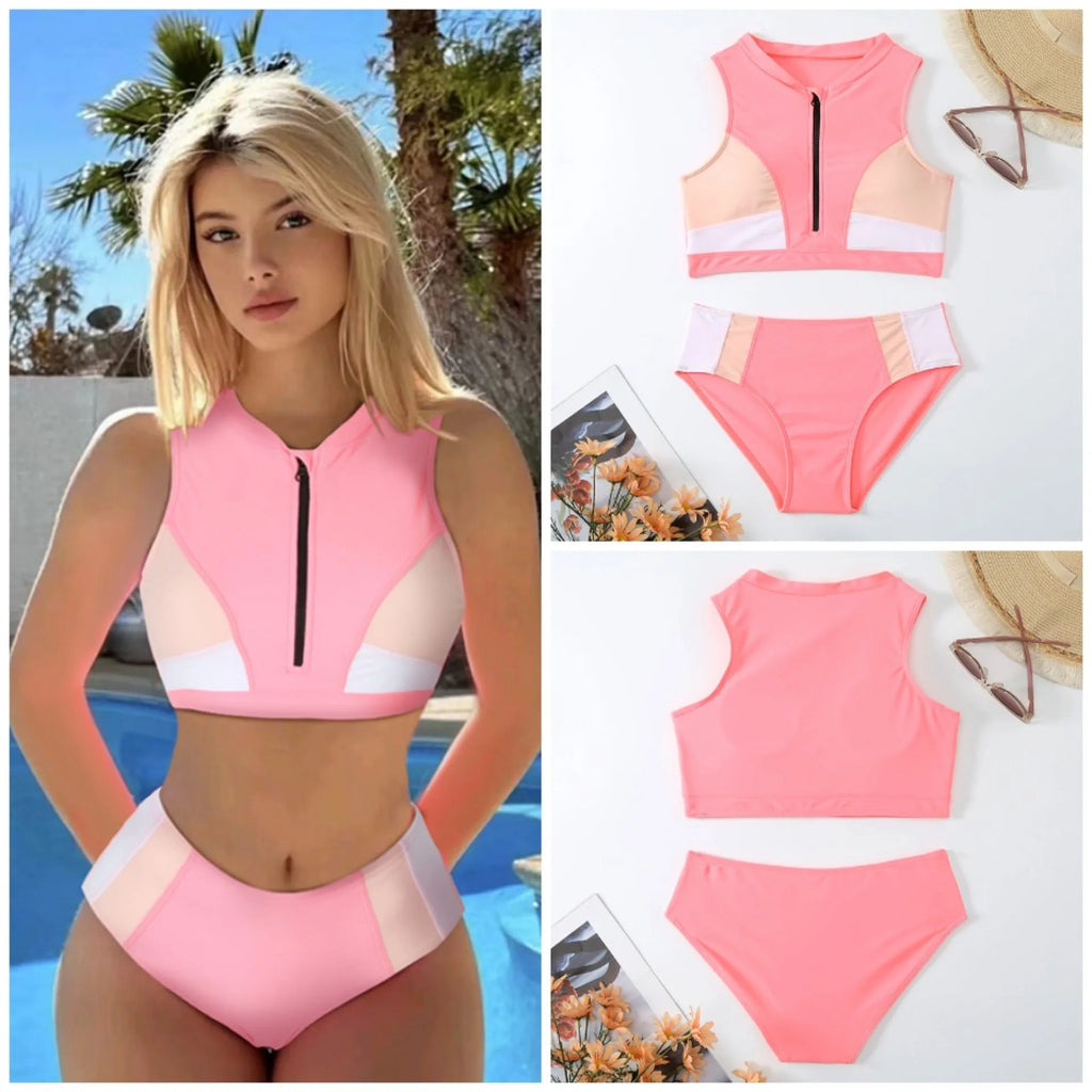 Pink high-waist bikini swimsuit with brief style shorts and a sleeveless top.