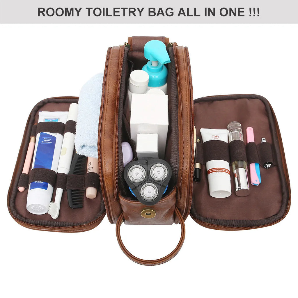 Men's solid colour PU toiletry bag for travel, shown in black and brown.