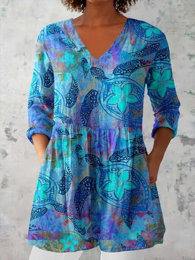 Women's slim fit retro patterned long-sleeved top in a polyester fabric, shown in one of twelve available colourways.