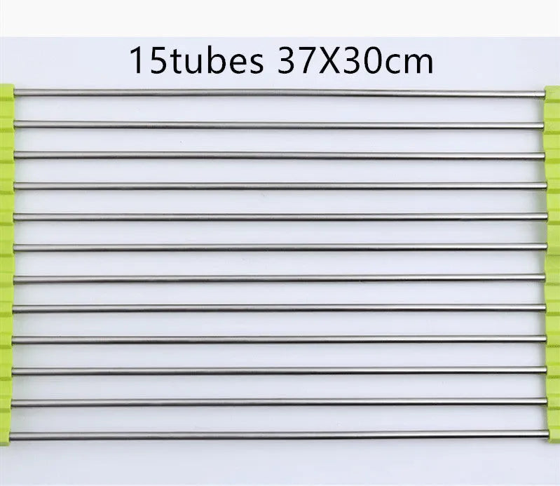 Folding stainless steel kitchen sink drying rack in red colour, shown extended for use.