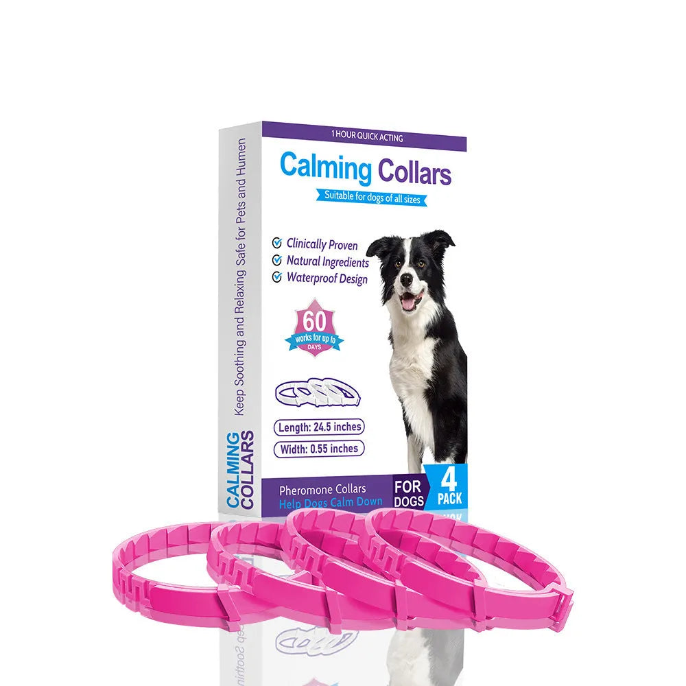 Set of four monochrome TPR dog calming collars in six colour options, each measuring 62 cm.